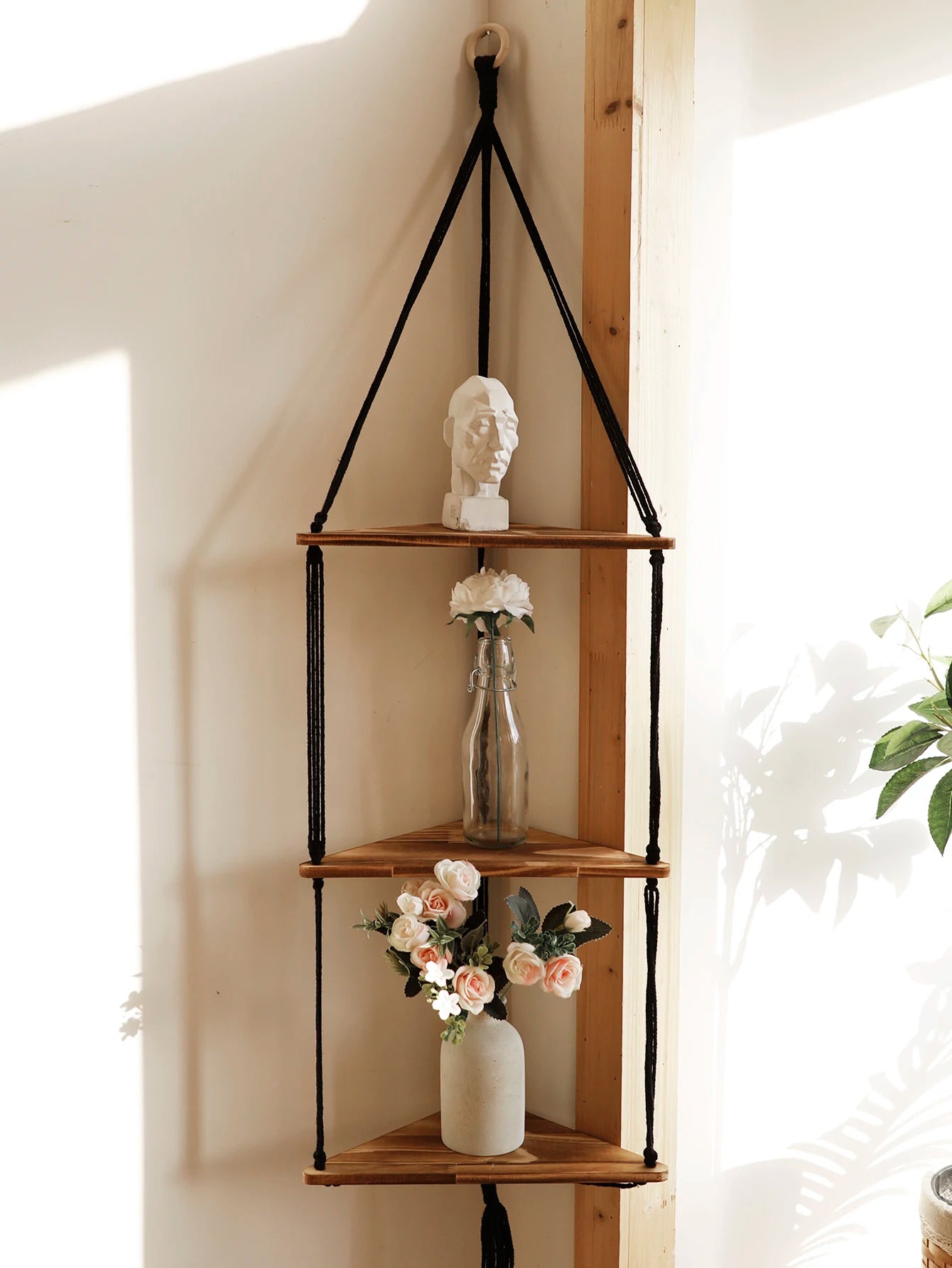 Boho Black Macrame Floating Wall Shelf
