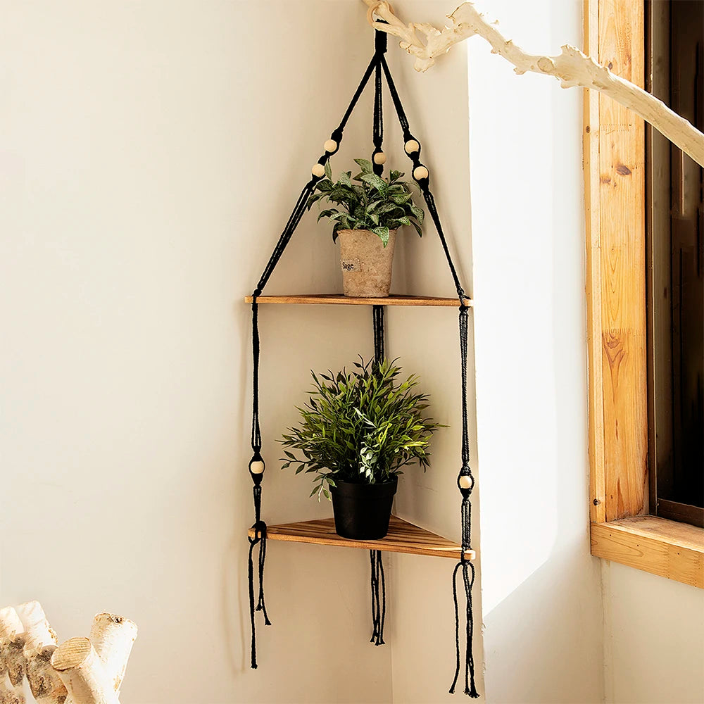 Boho Black Macrame Floating Wall Shelf