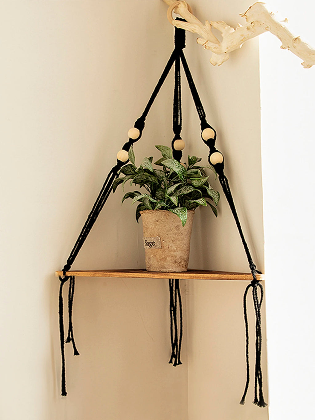 Boho Black Macrame Floating Wall Shelf