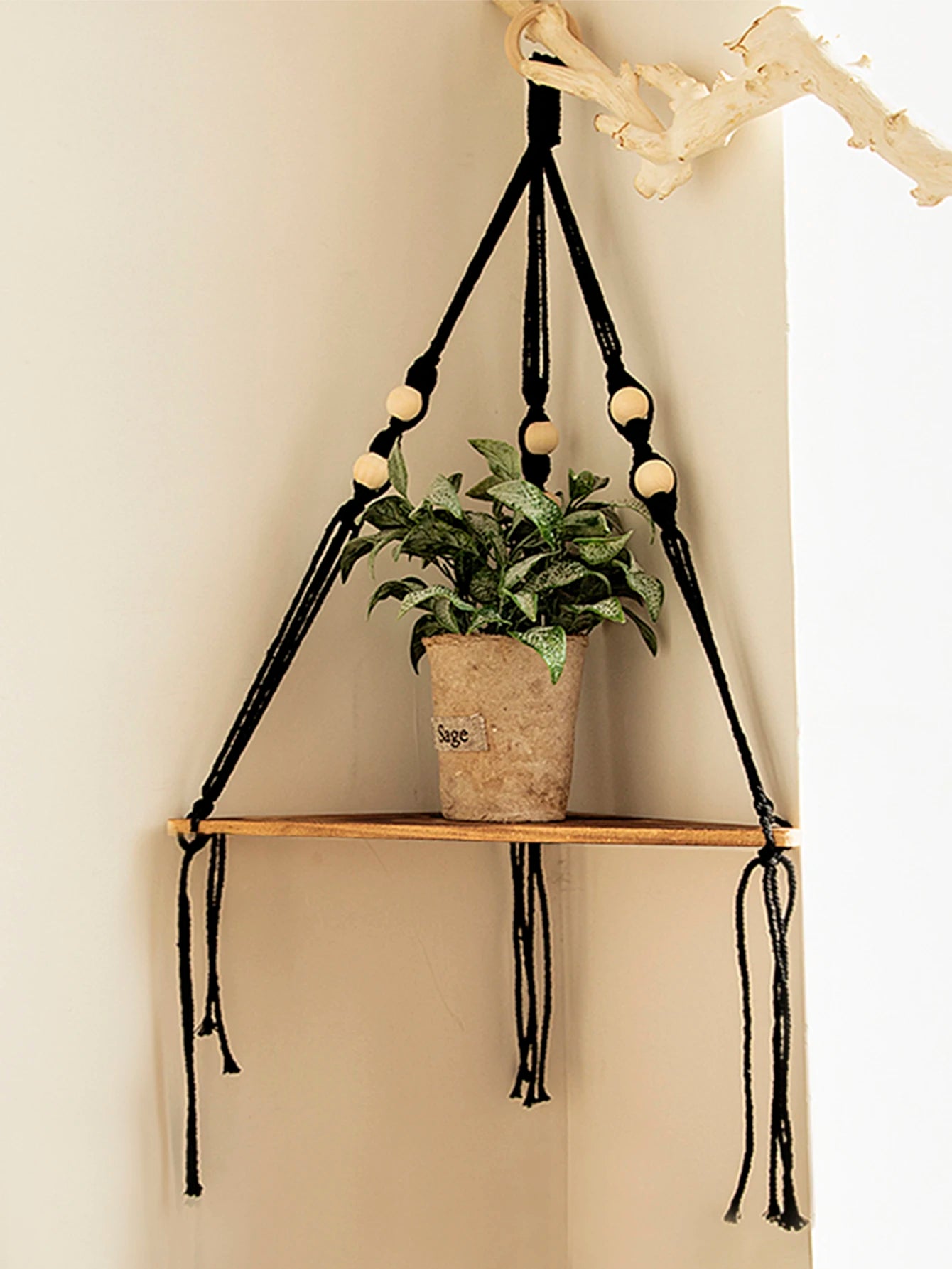 Boho Black Macrame Floating Wall Shelf